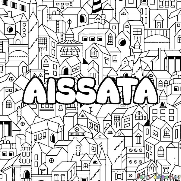 Coloriage pr&eacute;nom AISSATA - d&eacute;cor Ville