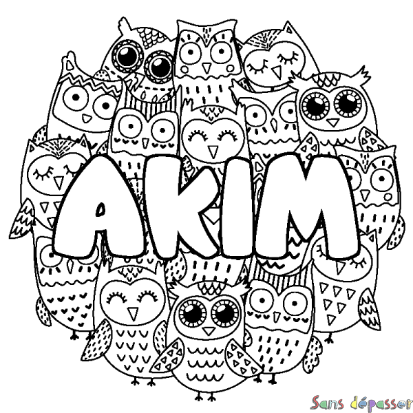 Coloriage pr&eacute;nom AKIM - d&eacute;cor Chouettes