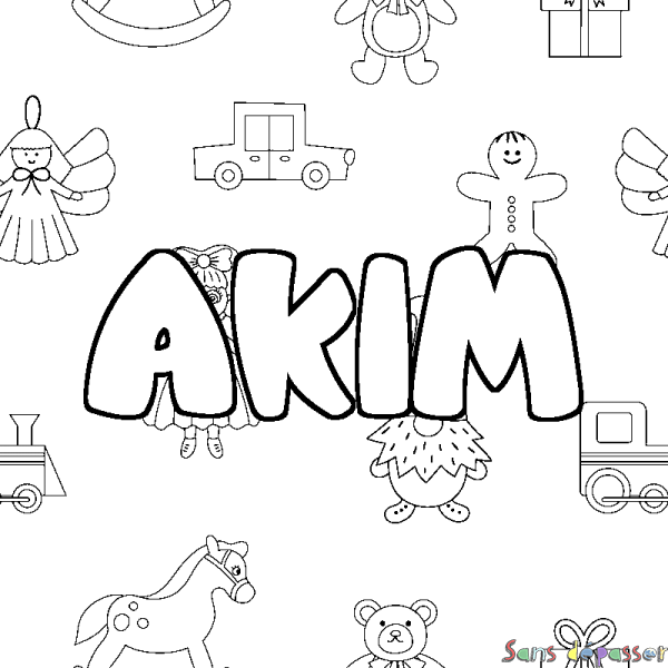 Coloriage pr&eacute;nom AKIM - d&eacute;cor Jouets