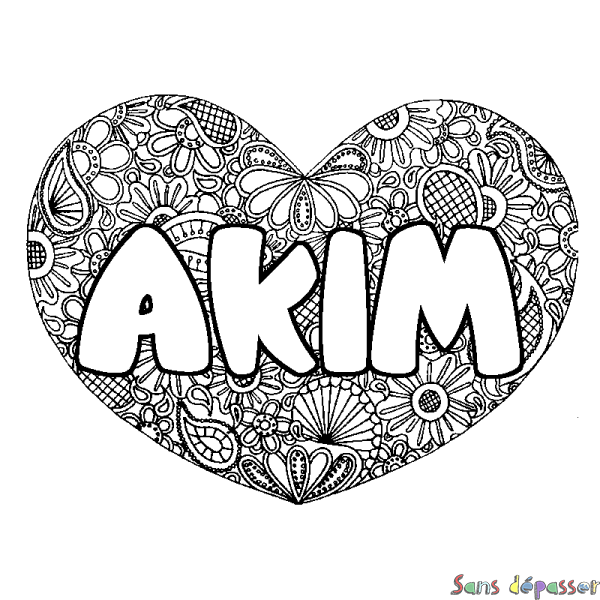 Coloriage pr&eacute;nom AKIM - d&eacute;cor Mandala coeur