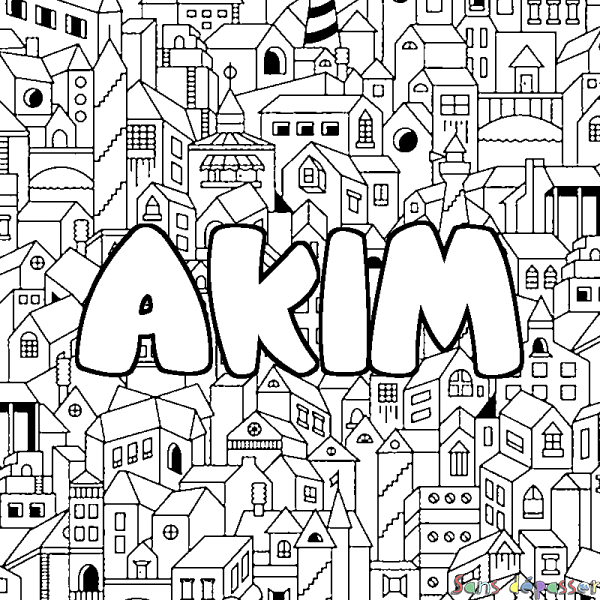 Coloriage pr&eacute;nom AKIM - d&eacute;cor Ville