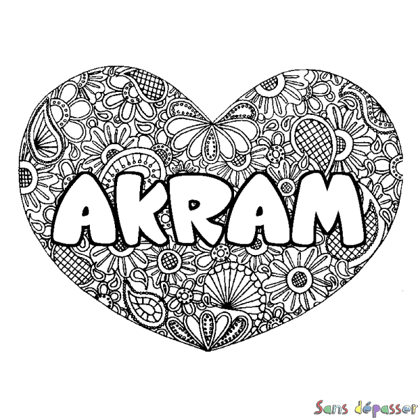 Coloriage prénom AKRAM - d&eacute;cor Mandala coeur