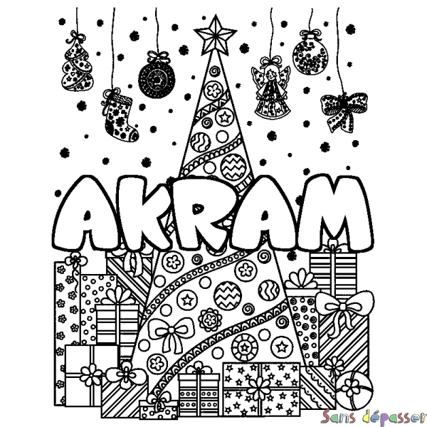 Coloriage prénom AKRAM - d&eacute;cor Sapin et Cadeaux