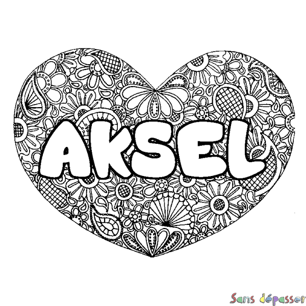 Coloriage prénom AKSEL - d&eacute;cor Mandala coeur