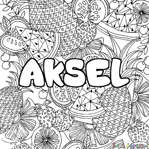 Coloriage prénom AKSEL - d&eacute;cor Mandala fruits