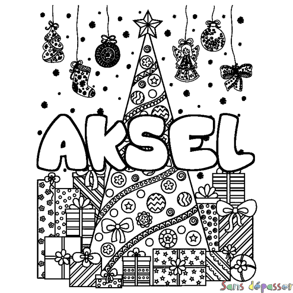 Coloriage prénom AKSEL - d&eacute;cor Sapin et Cadeaux