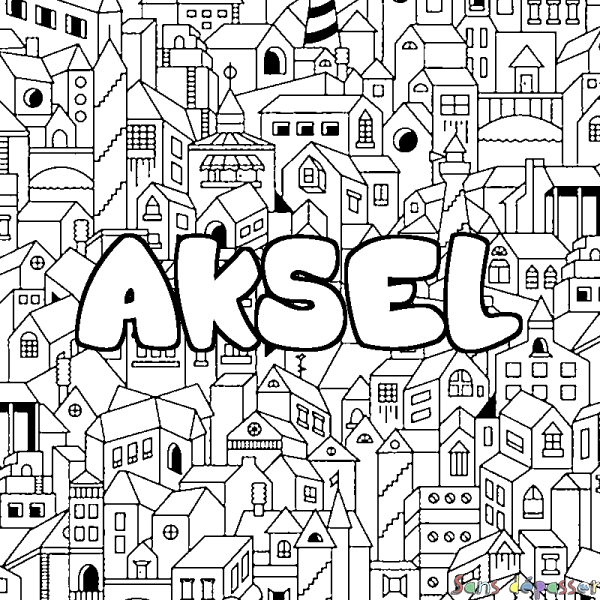 Coloriage prénom AKSEL - d&eacute;cor Ville