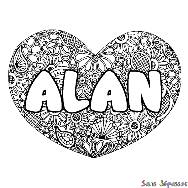 Coloriage pr&eacute;nom ALAN - d&eacute;cor Mandala coeur