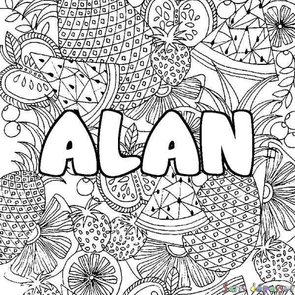 Coloriage pr&eacute;nom ALAN - d&eacute;cor Mandala fruits
