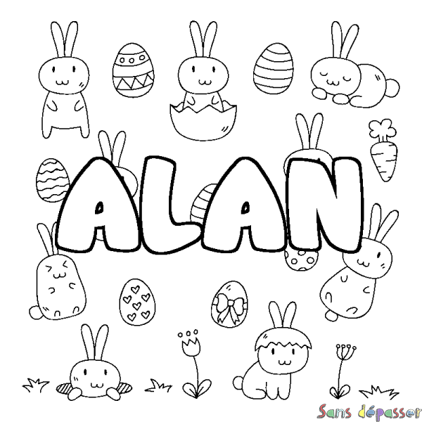 Coloriage pr&eacute;nom ALAN - d&eacute;cor Paques