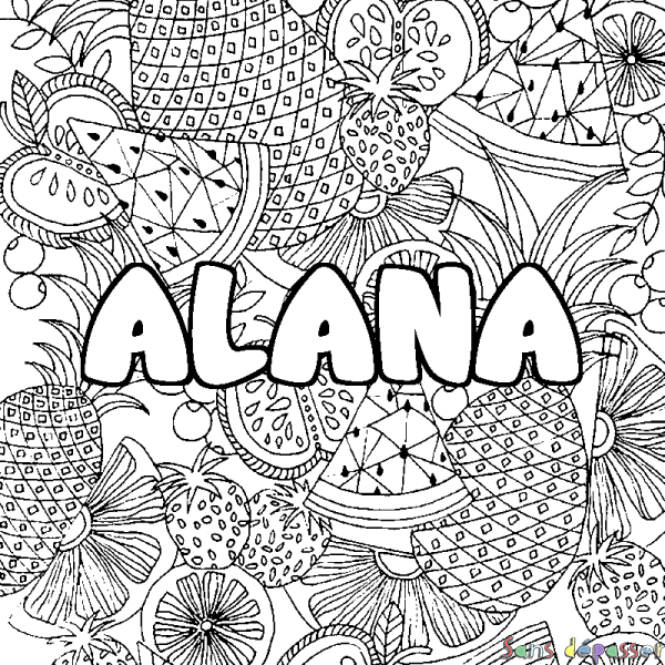 Coloriage prénom ALANA - d&eacute;cor Mandala fruits