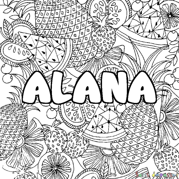 Coloriage pr&eacute;nom ALANA - d&eacute;cor Mandala fruits