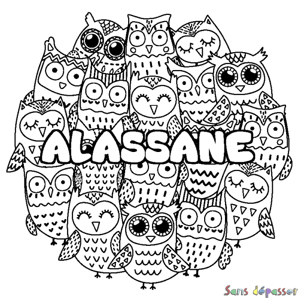 Coloriage prénom ALASSANE - d&eacute;cor Chouettes