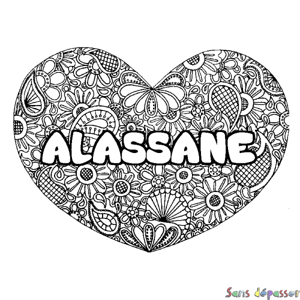 Coloriage prénom ALASSANE - d&eacute;cor Mandala coeur