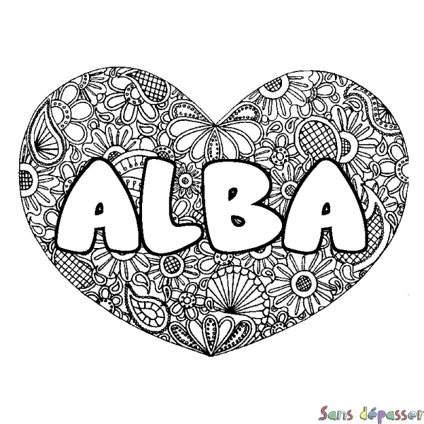 Coloriage prénom ALBA - d&eacute;cor Mandala coeur