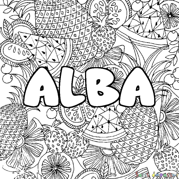 Coloriage prénom ALBA - d&eacute;cor Mandala fruits