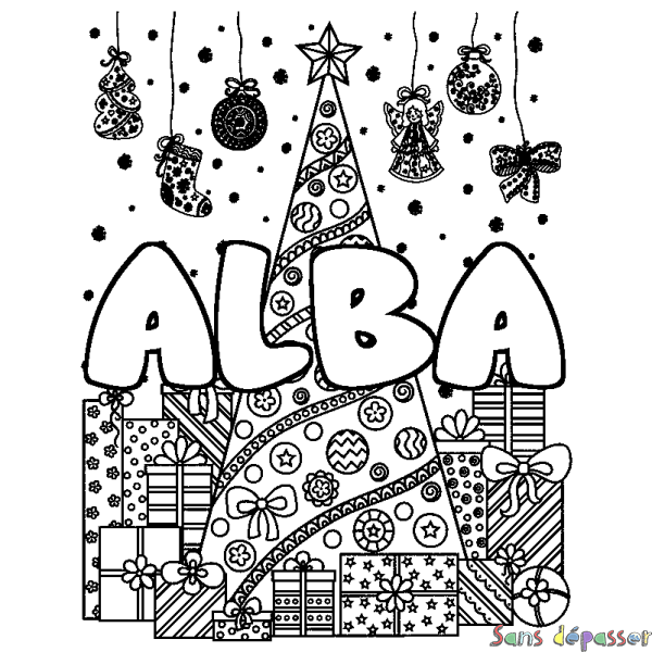 Coloriage prénom ALBA - d&eacute;cor Sapin et Cadeaux