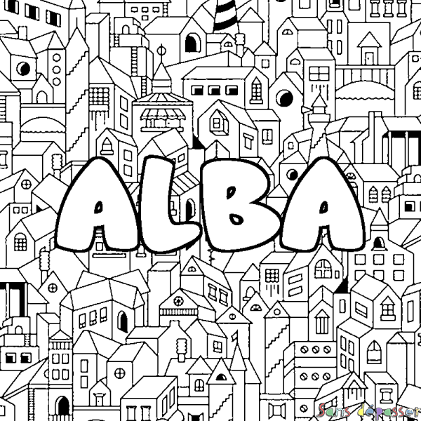 Coloriage prénom ALBA - d&eacute;cor Ville