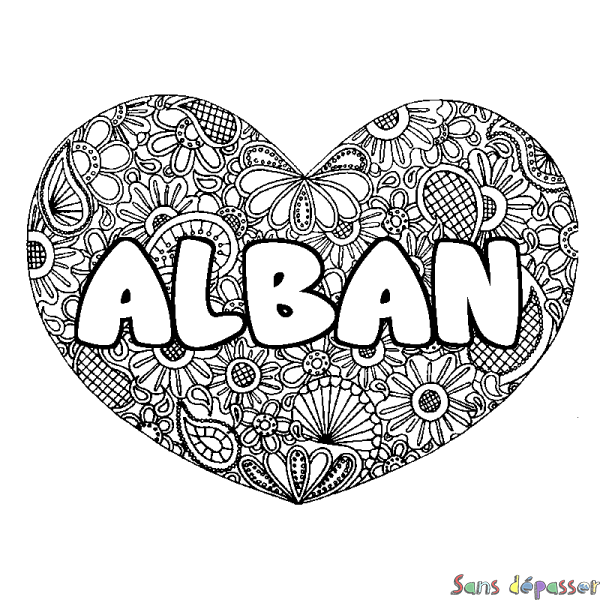 Coloriage pr&eacute;nom ALBAN - d&eacute;cor Mandala coeur