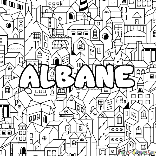 Coloriage pr&eacute;nom ALBANE - d&eacute;cor Ville