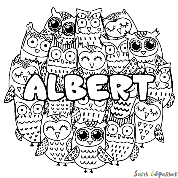 Coloriage pr&eacute;nom ALBERT - d&eacute;cor Chouettes