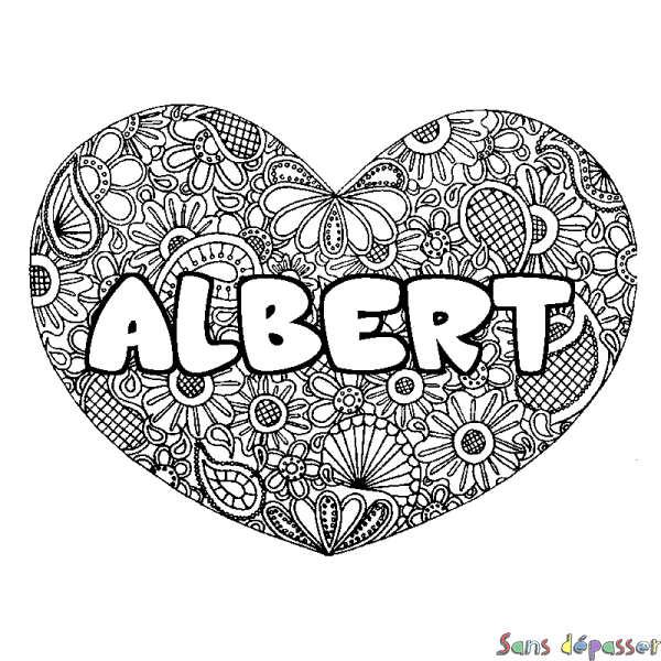 Coloriage pr&eacute;nom ALBERT - d&eacute;cor Mandala coeur