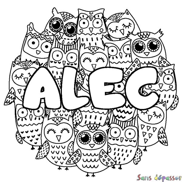 Coloriage pr&eacute;nom ALEC - d&eacute;cor Chouettes