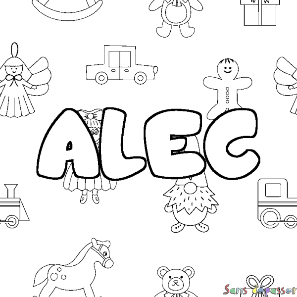 Coloriage pr&eacute;nom ALEC - d&eacute;cor Jouets