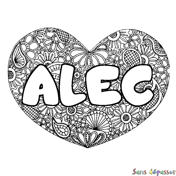 Coloriage prénom ALEC - d&eacute;cor Mandala coeur