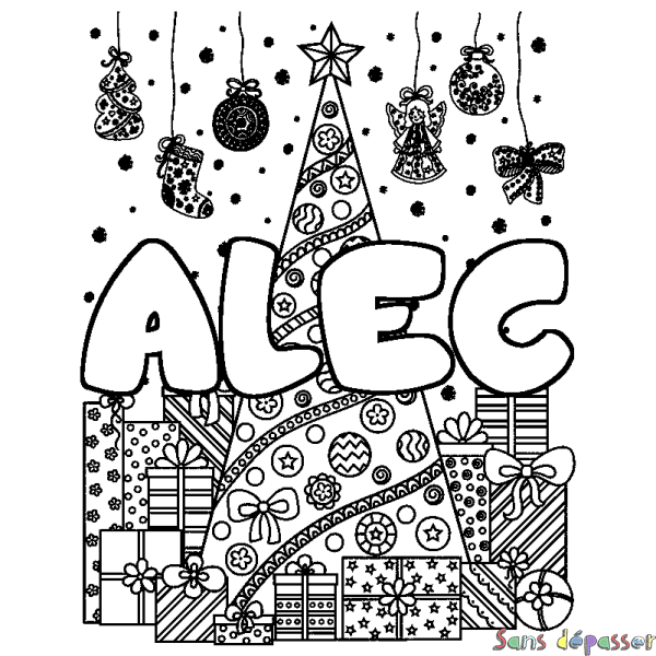 Coloriage prénom ALEC - d&eacute;cor Sapin et Cadeaux
