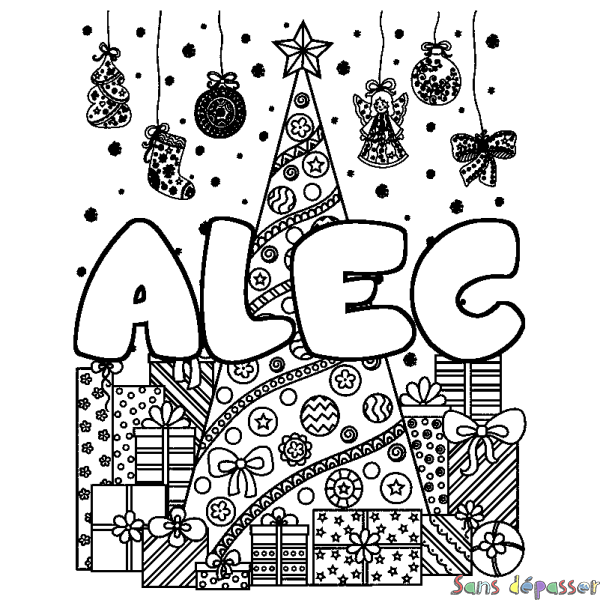 Coloriage pr&eacute;nom ALEC - d&eacute;cor Sapin et Cadeaux
