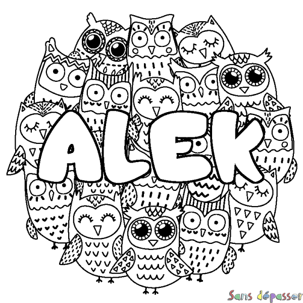 Coloriage pr&eacute;nom ALEK - d&eacute;cor Chouettes