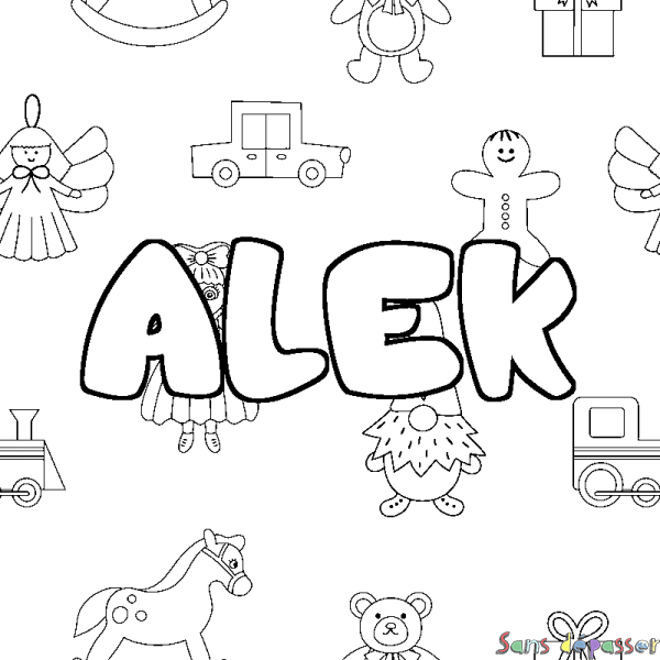 Coloriage pr&eacute;nom ALEK - d&eacute;cor Jouets