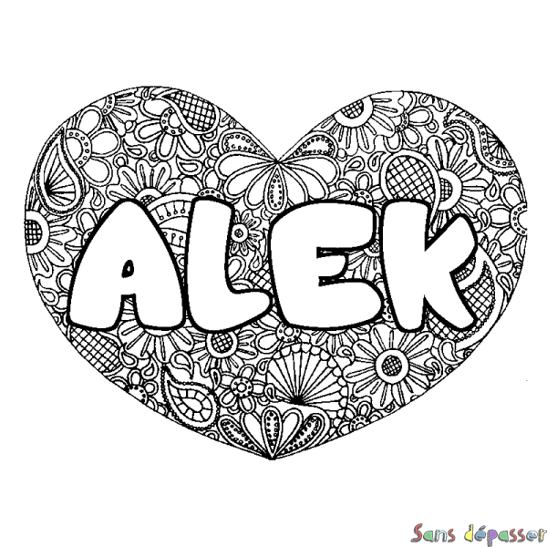 Coloriage pr&eacute;nom ALEK - d&eacute;cor Mandala coeur