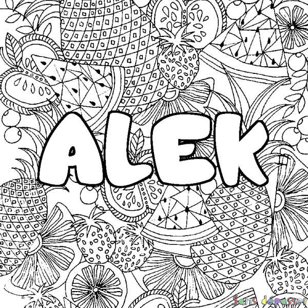 Coloriage pr&eacute;nom ALEK - d&eacute;cor Mandala fruits