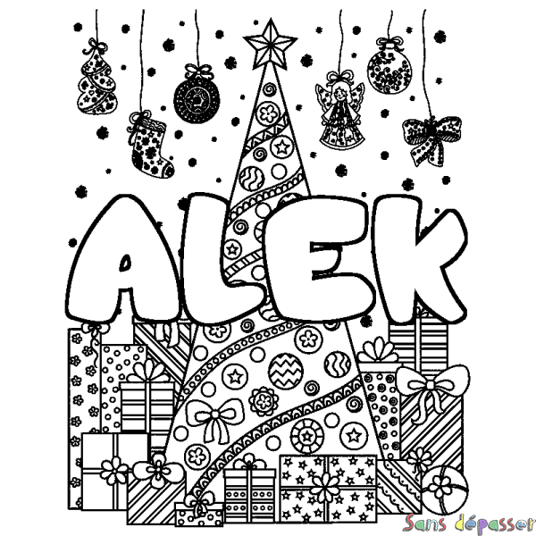 Coloriage prénom ALEK - d&eacute;cor Sapin et Cadeaux