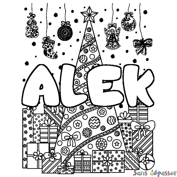 Coloriage pr&eacute;nom ALEK - d&eacute;cor Sapin et Cadeaux