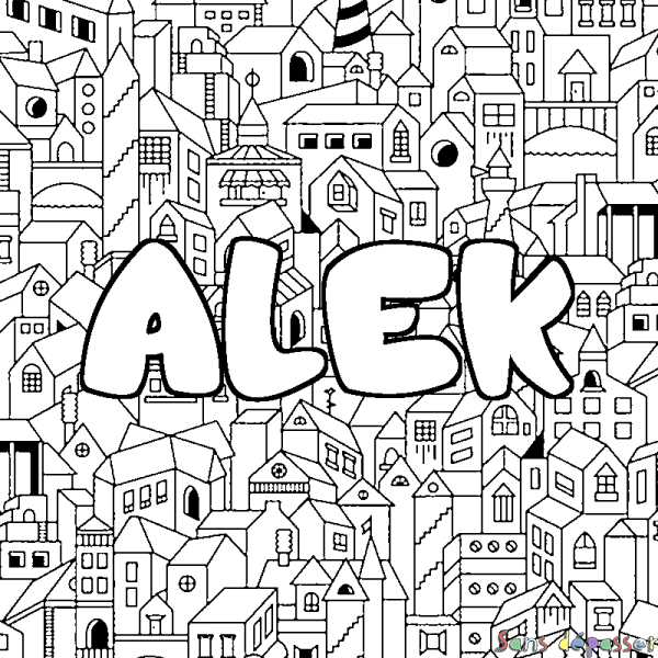 Coloriage pr&eacute;nom ALEK - d&eacute;cor Ville