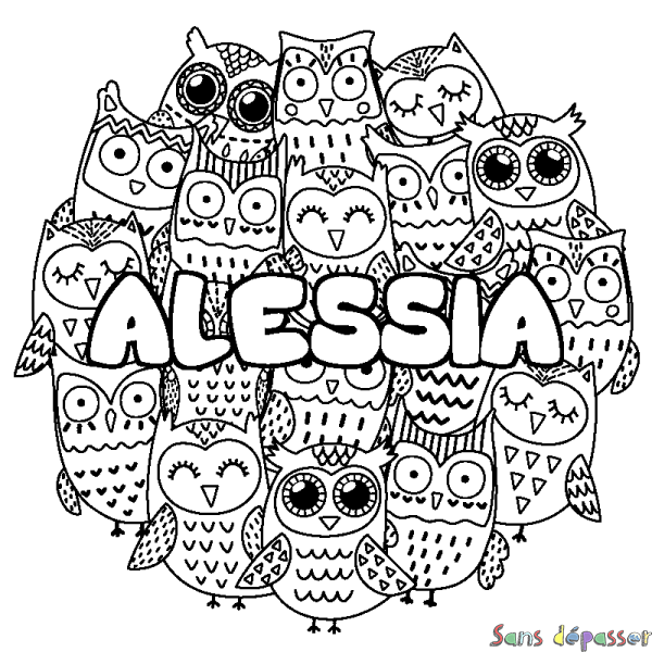 Coloriage pr&eacute;nom ALESSIA - d&eacute;cor Chouettes
