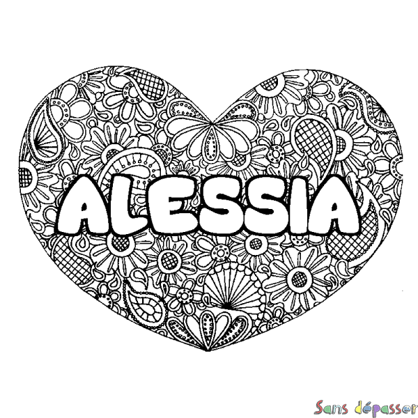 Coloriage prénom ALESSIA - d&eacute;cor Mandala coeur