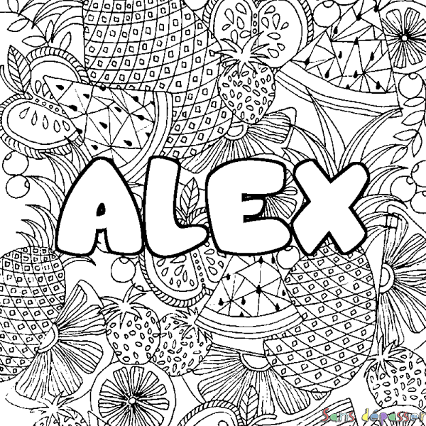 Coloriage prénom ALEX - d&eacute;cor Mandala fruits