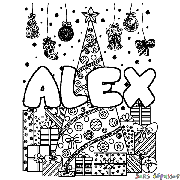 Coloriage prénom ALEX - d&eacute;cor Sapin et Cadeaux