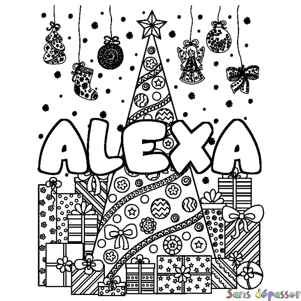 Coloriage prénom ALEXA - d&eacute;cor Sapin et Cadeaux