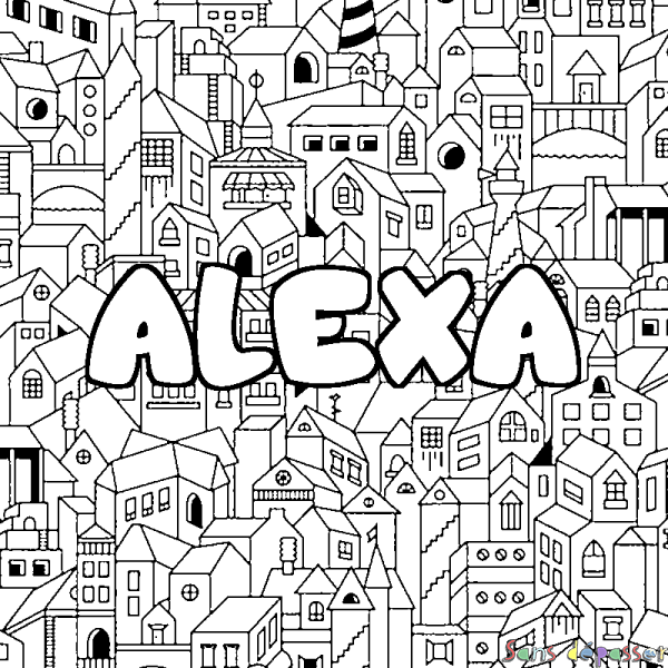 Coloriage prénom ALEXA - d&eacute;cor Ville