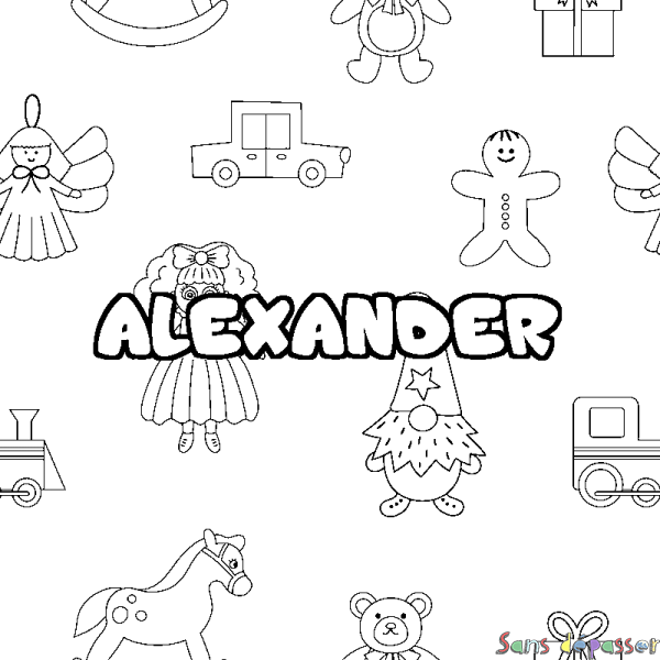 Coloriage pr&eacute;nom ALEXANDER - d&eacute;cor Jouets