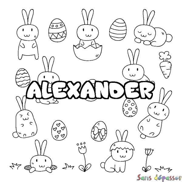 Coloriage pr&eacute;nom ALEXANDER - d&eacute;cor Paques