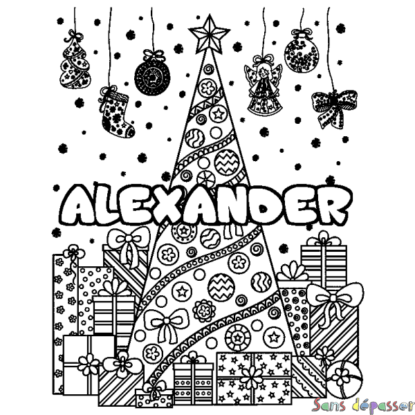 Coloriage prénom ALEXANDER - d&eacute;cor Sapin et Cadeaux