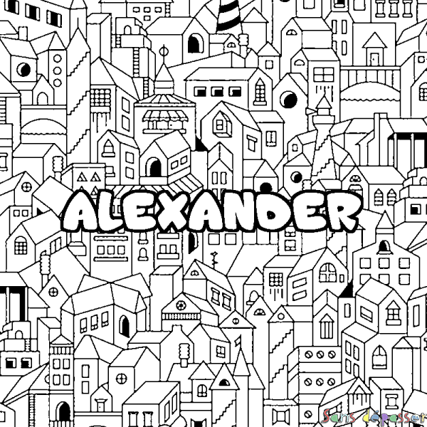 Coloriage prénom ALEXANDER - d&eacute;cor Ville