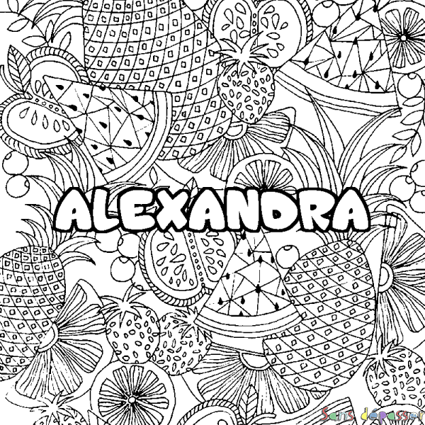 Coloriage prénom ALEXANDRA - d&eacute;cor Mandala fruits
