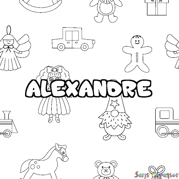 Coloriage pr&eacute;nom ALEXANDRE - d&eacute;cor Jouets